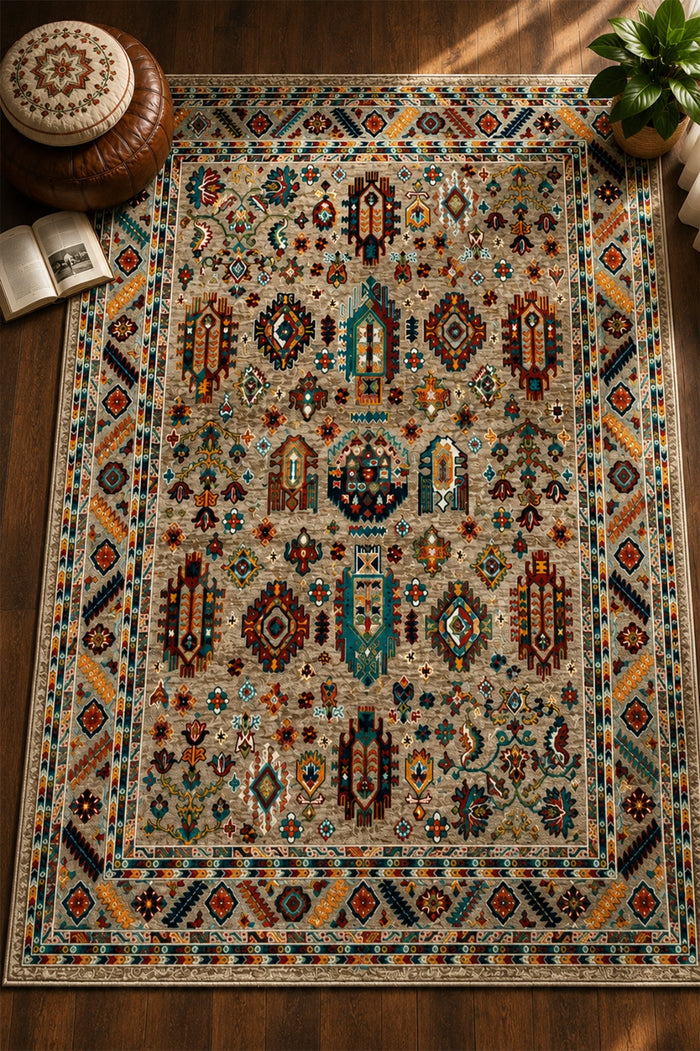 Afgan Uşak Otantik Vintage Desenli Premium Salon Halısı | El Dokuması Hissi | Degrade İplik | Pamuk Taban